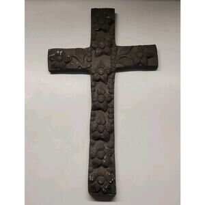Vintage 16.25" x10" Metal Cross Floral Wall Hanging Beautiful Christianity